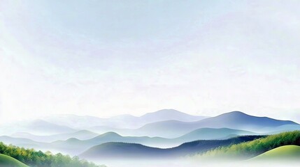 A serene landscape of layered mountains fading into a soft, hazy sky, with a vibrant green forest in the foreground.