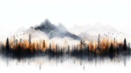 A watercolor-style landscape featuring a dense silhouette of pine trees in the foreground, with a misty mountain range in the background. The scene is illuminat