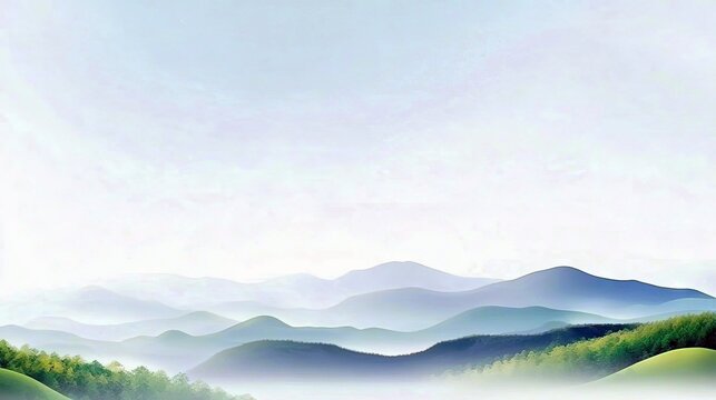 A serene landscape of layered mountains fading into a soft, hazy sky, with a vibrant green forest in the foreground. - Powered by Adobe