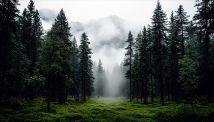 A path through a dense pine forest, with lush green grass and foggy mountains in the background, creating a serene and atmospheric scene.