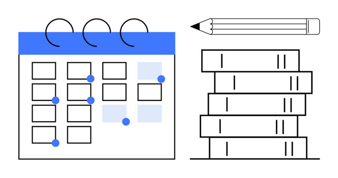 Calendar with marked dates, pencil, and books arranged in stacks. Ideal for scheduling, education, productivity, strategy, planning organization time management. Simple flat metaphor