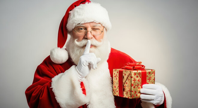 Secret Santa with gift, Father Christmas holding present in red suit and white beard, winking playfully. Secret Santa embodies holiday cheer, bringing joy and mystery to gift exchange.