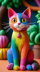 Colorful cat figurine with bright yellow eyes sitting on a surface with blurred plants and pumpkins in the background