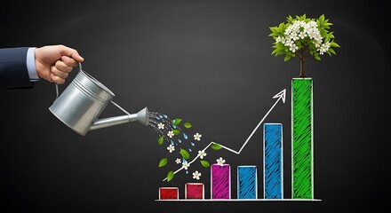 Hand watering a growing bar chart with a tree, symbolizing business growth and investment