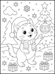 Kawaii Christmas Kitten Wearing Santa Hat Decorating Christmas Tree with Ornament. Adorable Holiday Coloring Page for Kids