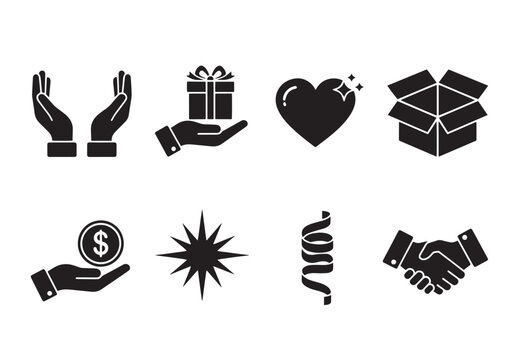 Generosity Icon Set. Generosity Symbols silhouette icon set: giving hands, present exchange, heart sparkle, open box, donation coin, star burst, ribbon curl, handshake