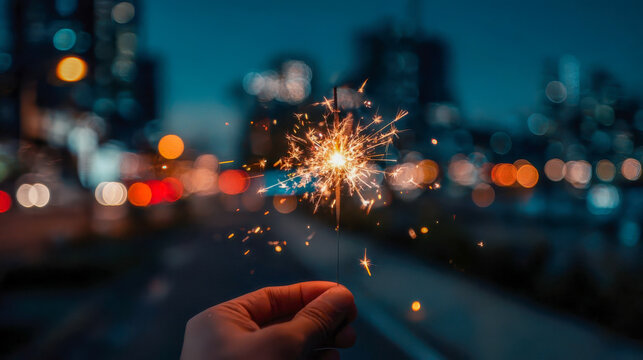 Hand holding burning sparkler firework with city lights bokeh in background