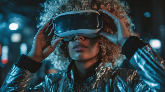 Young woman wearing virtual reality headset experiencing metaverse