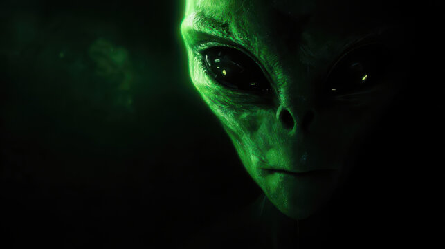 Extraterrestrial alien emerging from darkness with green light