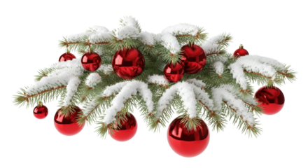 Snow covered christmas tree branch with red ornaments isolated PNG with Transparent Background