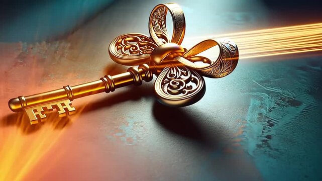 An ornate golden key illuminated by dramatic light rays. Close-up of an intricate, antique-style key symbolizing a solution. Unlocking opportunity and success concept