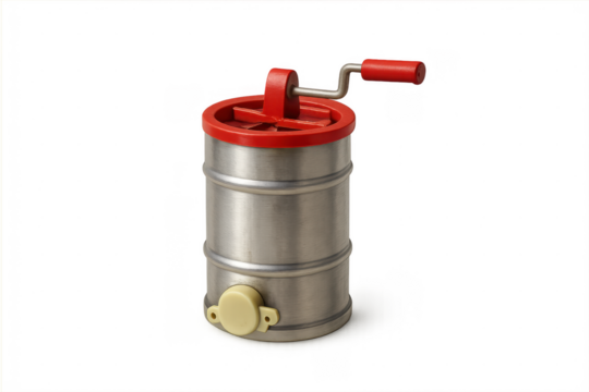 Metal honey extractor with red crank mechanism