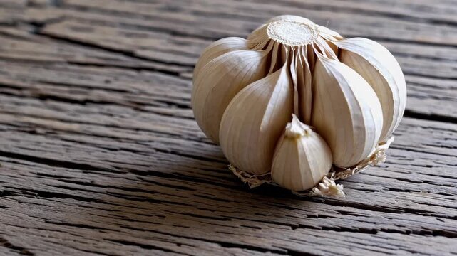 Garlic close up on rustic wood surface with natural texture, organic ingredient, aromatic bulb, healthy food, kitchen essential