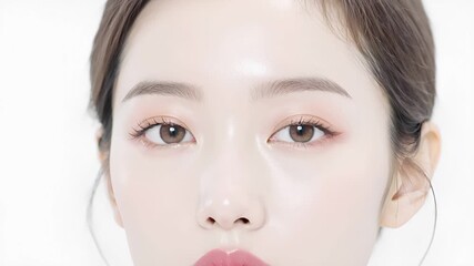 柔らかい拡散光に照らされた日本人女性の超リアルな顔のクローズアップ。
白背景と自然な質感の素肌が清潔感と透明感を演出。
美容・スキンケア・ヘルスケア関連の広告やWeb用途に最適。