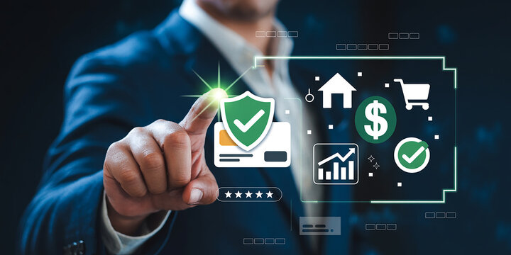 Businessman touching screen with financial and security icons