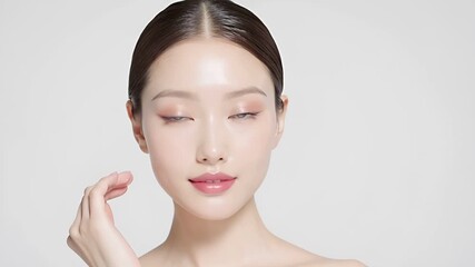 柔らかい拡散光に照らされた日本人女性の超リアルな顔のクローズアップ。
白背景と自然な質感の素肌が清潔感と透明感を演出。
美容・スキンケア・ヘルスケア関連の広告やWeb用途に最適。