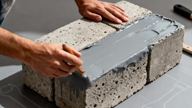 Medium framing of hands spreading epoxy sealant on concrete blocks highlighting strong adhesion and durable moisture barrier.