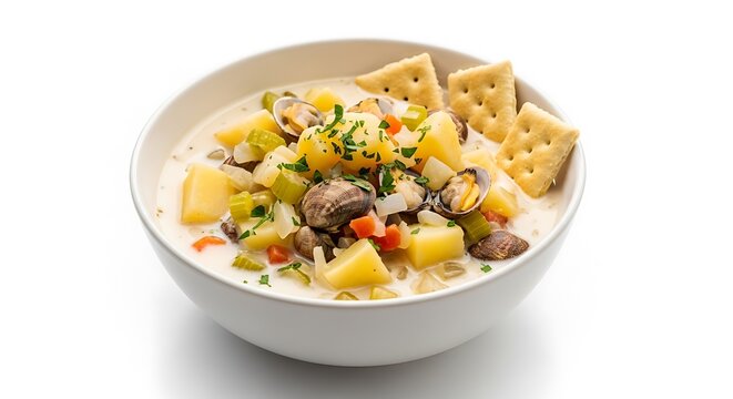 Delicious Clam Chowder Soup with Crackers and Fresh Parsley
