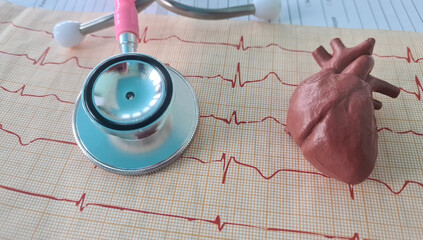 Pink Stethoscope and Anatomical Heart Model on EKG Paper