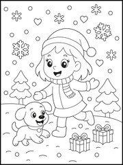 Cute Christmas Girl Playing with Puppy Coloring Page for Children. Adorable Holiday Activity Sheet for Kids
