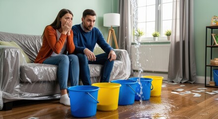 Concerned couple faces sudden home disaster as a ceiling water leak fills colorful buckets, causing floor damage and financial stress in their modern living room