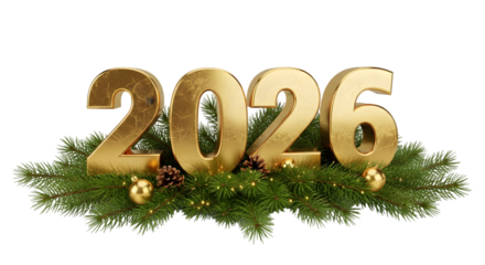 2026 Golden Numbers with Pine Branches - New Year Celebration Graphic, Festive Holiday Decor


