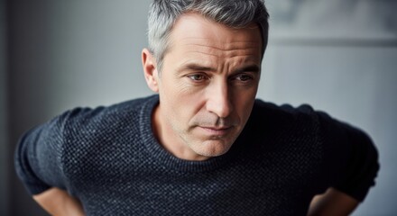 Contemplative middle-aged man with silver hair in dark casual