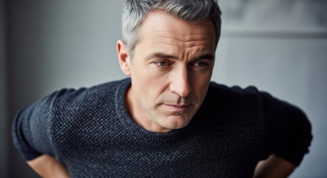Contemplative middle-aged man with silver hair in dark casual