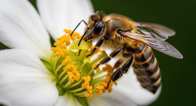 Honey Bee Pollinating White Flower Macro Detail for Nature and Environmental Concepts - Powered by Adobe