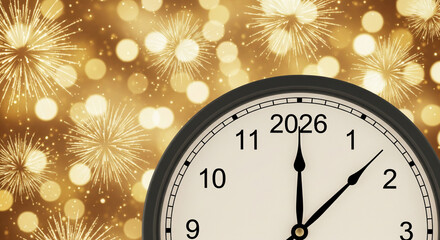 Golden fireworks and bokeh lights surround a clock striking midnight, with “2026” replacing the 12 celebrating the New Year’s arrival.