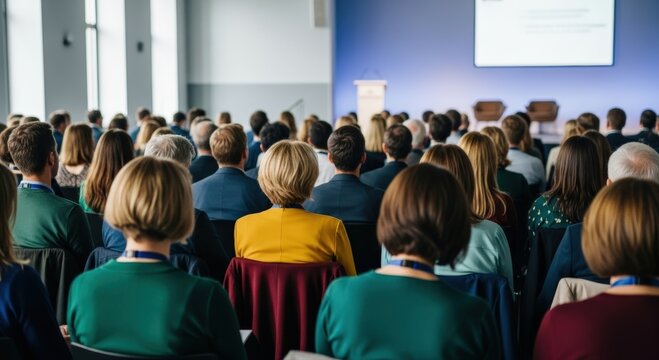Engaged business professionals attend a dynamic corporate seminar in a modern venue, eagerly absorbing insights from a compelling presentation