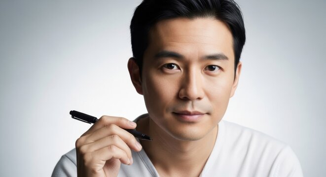 Professional Asian male entrepreneur in casual attire holding a pen close-up portrait