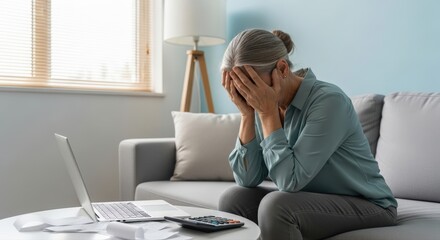Gray-haired woman experiences profound financial stress, hands covering her face, overwhelmed managing household bills with a laptop and calculator