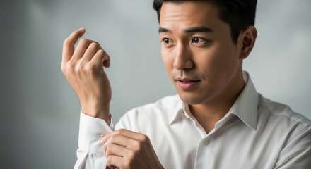 Close-up Portrait of a Thoughtful Young Man Adjusting His Shirt Cuff in a Modern Indoor Setting
