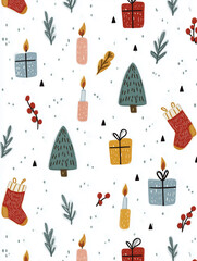 Seamless Hand-Drawn Christmas Pattern: Cute Scandinavian Style Trees, Gifts, Stockings, and Candles on White Background