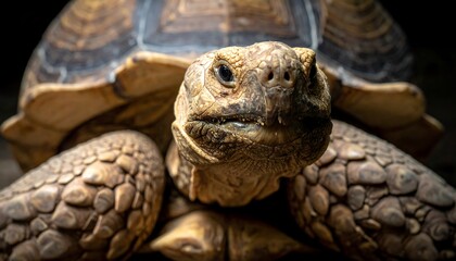 A close-up shot of a tortoise, focusing on its detailed, patterned shell and observant, wrinkled face