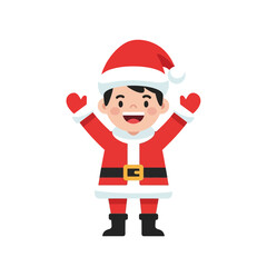 Adorable cartoon kid wearing a traditional red festive suit and hat, smiling and celebrating the winter holidays