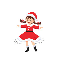 Joyful cartoon of a happy little girl in a festive Santa costume, twirling with a bright smile, celebrating the holiday season with charming childhood wonder and Christmas cheer