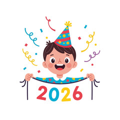 Happy New Year 2026 celebration with festive confetti and a joyful child wearing a party hat holding a banner with the year