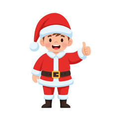 Cheerful cartoon boy dressed in a festive Santa Claus costume, smiling and giving a thumbs-up gesture for the Christmas holiday