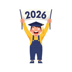 Happy graduation boy in overalls holding a banner with the year 2026 and wearing a graduation cap