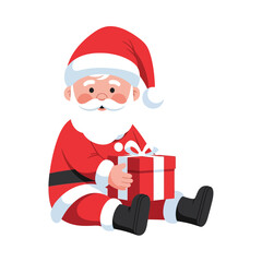 A cheerful cartoon illustration of Santa Claus holding a red and white striped gift box, perfect for Christmas and holiday-themed designs