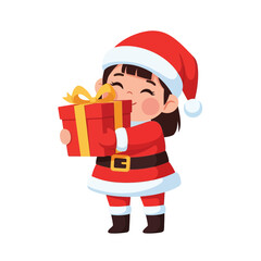 Joyful little girl in Santa costume holding a beautifully wrapped Christmas gift with a yellow ribbon, celebrating the holiday season with excitement and warmth, spreading festive cheer