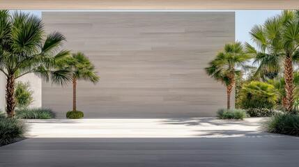 An open courtyard with modern architecture, featuring a large stone wall, lush palm trees, and manicured greenery, bathed in bright daylight.