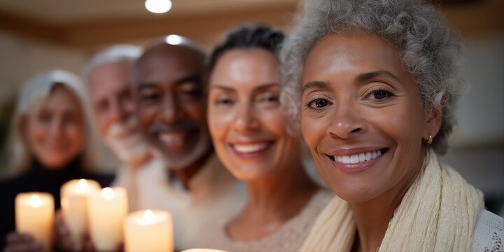 Diverse group of mature adults holding candles with warm smiles