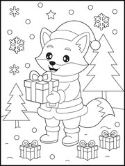 Cute Christmas Fox Holding Gift Coloring Page for Kids. Winter Snow Scene with Trees and Presents. Holiday Activity Sheet for Children.