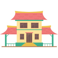 Yellow Traditional Asian Building With Red Roof and Stairs Featuring Green Accents Under a Bright Sky