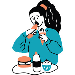 Young Woman Eating Fast Food Hamburgers Ice Cream and Cupcake with a Bottle of Soda on Transparent Background