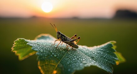 Glistening Grasshopper on Dew-Kissed Leaf at Golden Sunrise