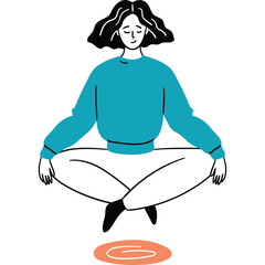 Young Woman in Teal Sweater and White Pants Meditating Calmly in Lotus Pose Above an Orange Circle on a Transparent Background with Eyes Closed and Peaceful Expression